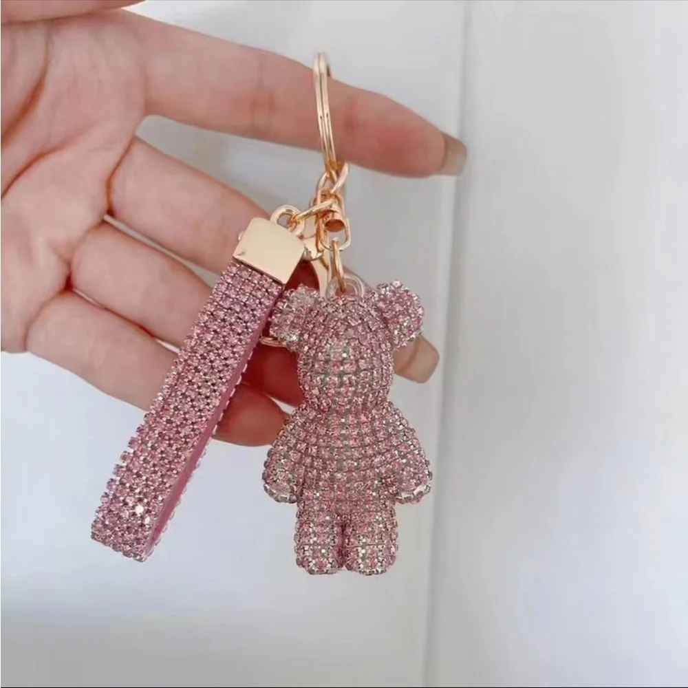 Pink & Gold Rhinestone Teddy Bear Keychain for Wallet,Backpack,Purse
